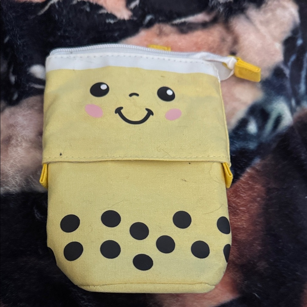 Anggo cute Yellow Smiley Face boba (bubble) tea pencil pouch  7” H x 4.5” W